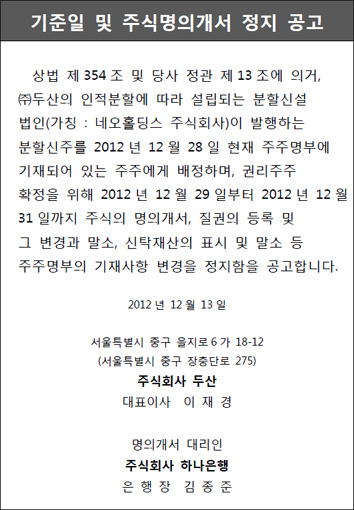 기준일 및 주식명의개서 정지 공고  상법 제 354 조 및 당사 정관 제 13 조에 의거, ㈜두산의 인적분할에 따라 설립되는 분할신설 법인(가칭 : 네오홀딩스 주식회사)이 발행하는 분할신주를 2012 년 12 월 28 일 현재 주주명부에 기재되어 있는 주주에게 배정하며, 권리주주 확정을 위해 2012 년 12 월 29 일부터 2012 년 12 월 31 일까지 주식의 명의개서, 질권의 등록 및 그 변경과 말소, 싞탁재산의 표시 및 말소 등 주주명부의 기재사항 변경을 정지함을 공고합니다. 2012 년 12 월 13 일 서울특별시 중구 을지로 6 가 18-12 (서울특별시 중구 장충단로 275) 주식회사 두산 대표이사 이 재 경 명의개서 대리인 주식회사 하나은행 은 행 장 김 종 준