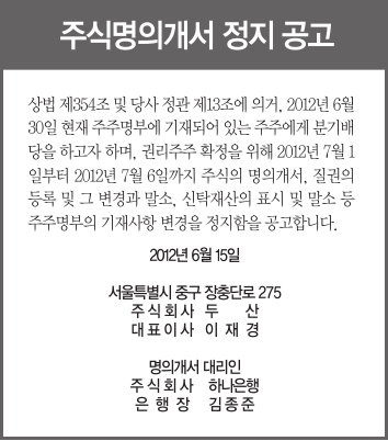 주식명의개서 정지 공고  상법제354조및당사정관제13조에의거, 2012년6월 30일현재주주명부에기재되어있는주주에게분기배 당을 하고자 하며, 권리주주 확정을 위해 2012년 7월 1 일부터 2012년 7월 6일까지 주식의 명의개서, 질권의 등록 및 그 변경과 말소, 신탁재산의 표시 및 말소 등 주주명부의 기재사항 변경을 정지함을 공고합니다.  2012년 6월 15일 서울특별시 중구 장충단로 275 주 식 회 사 두 산 대 표 이 사 이 재 경 명의개서 대리인 주 식 회 사 하나은행 은 행 장 김 종 준