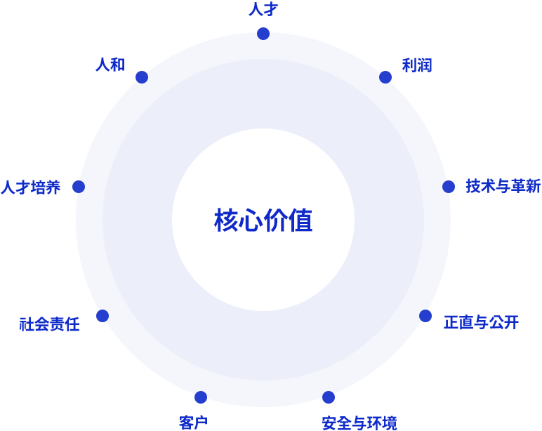 核心价值 - 人才, 人和, 利润, 人才培养, 技术与革新, 社会责任, 正直与公开, 客户, 安全与环境